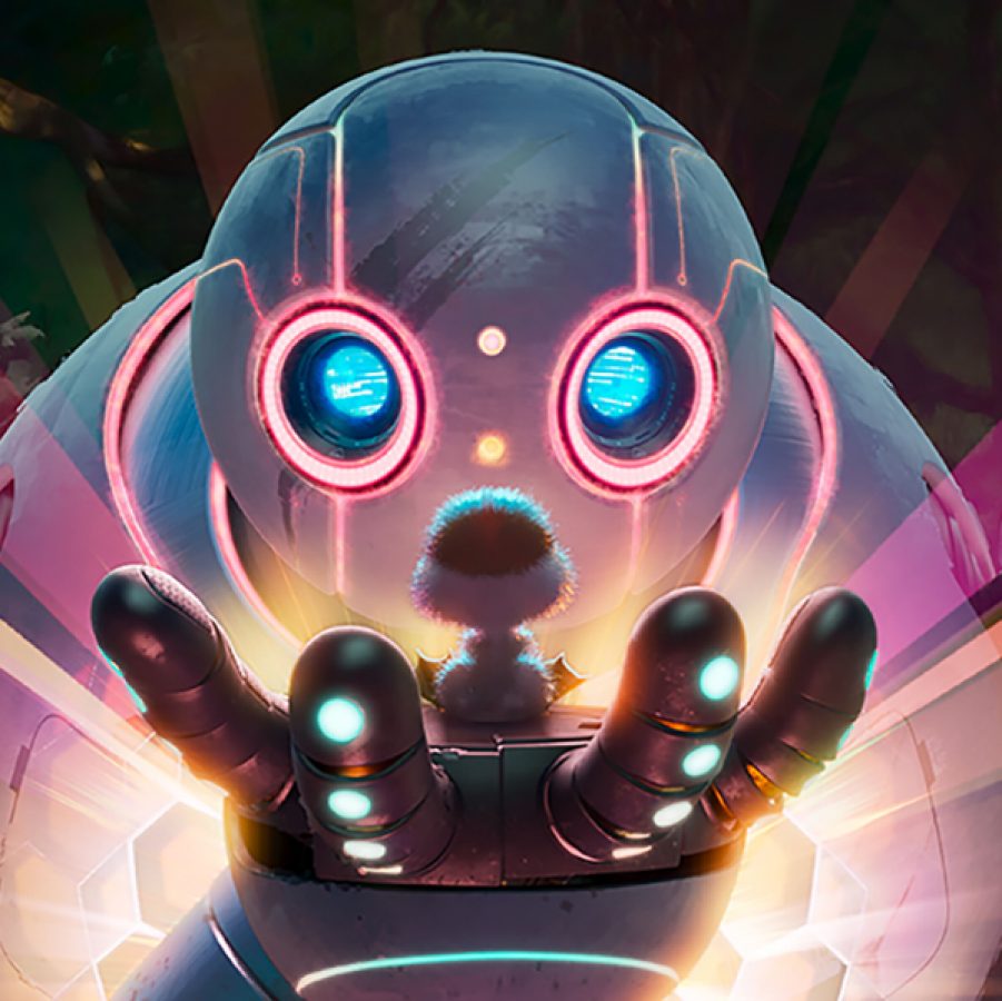 A robot gazes at a small gosling sitting in the palm of its hand, while pink and gold light emits from its chest, in a scene from animated film The Wild Robot. 